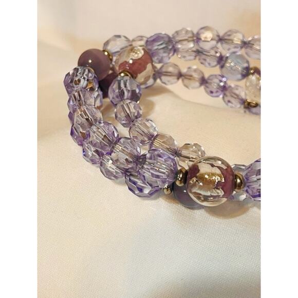 Multi-wrap Memory Wire Light Purple & Purple/Silver Glass Bead Bracelet - Picture 2 of 3